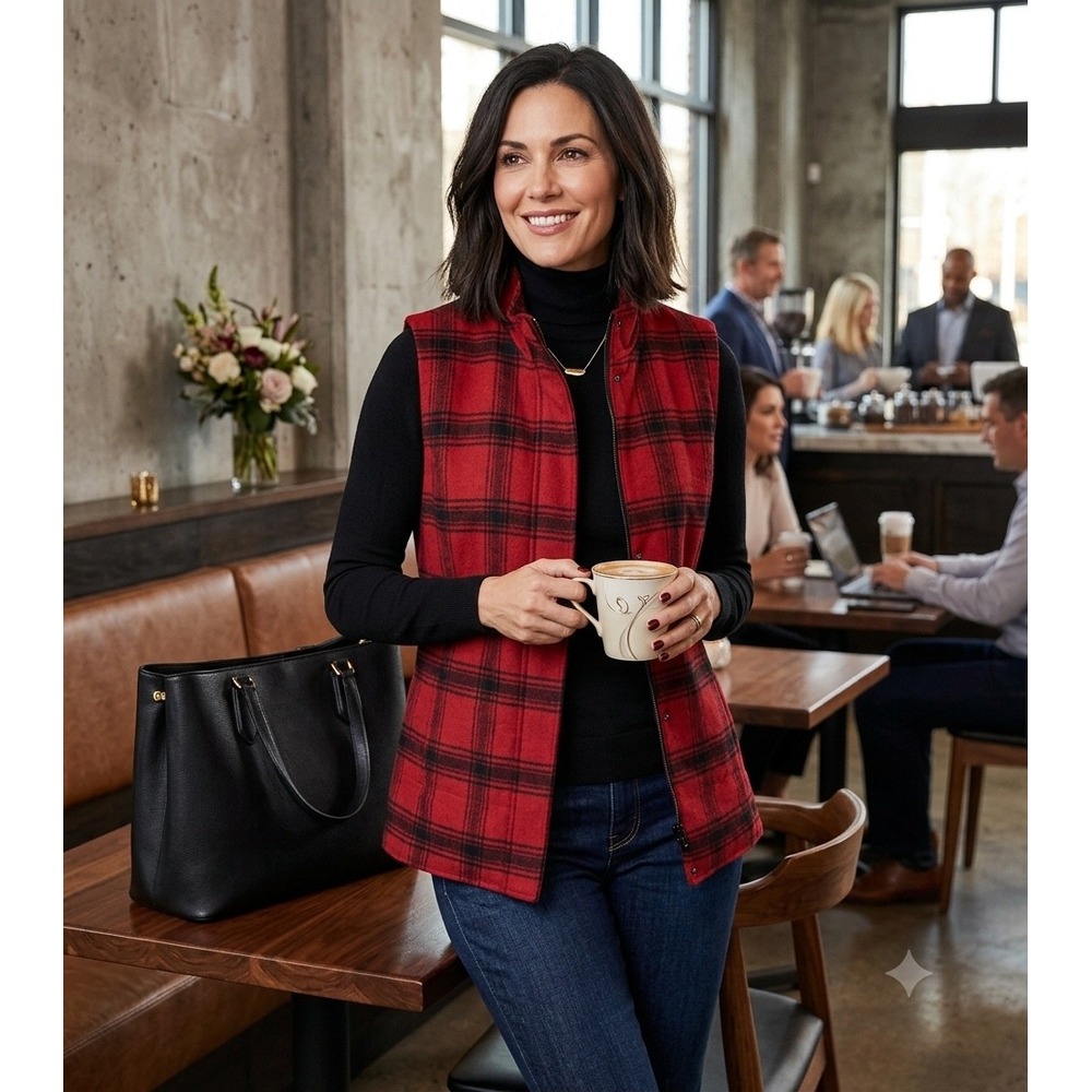 J. Jill Red Buffalo Plaid Wool Blend Quilted Vest Womens Medium NWT